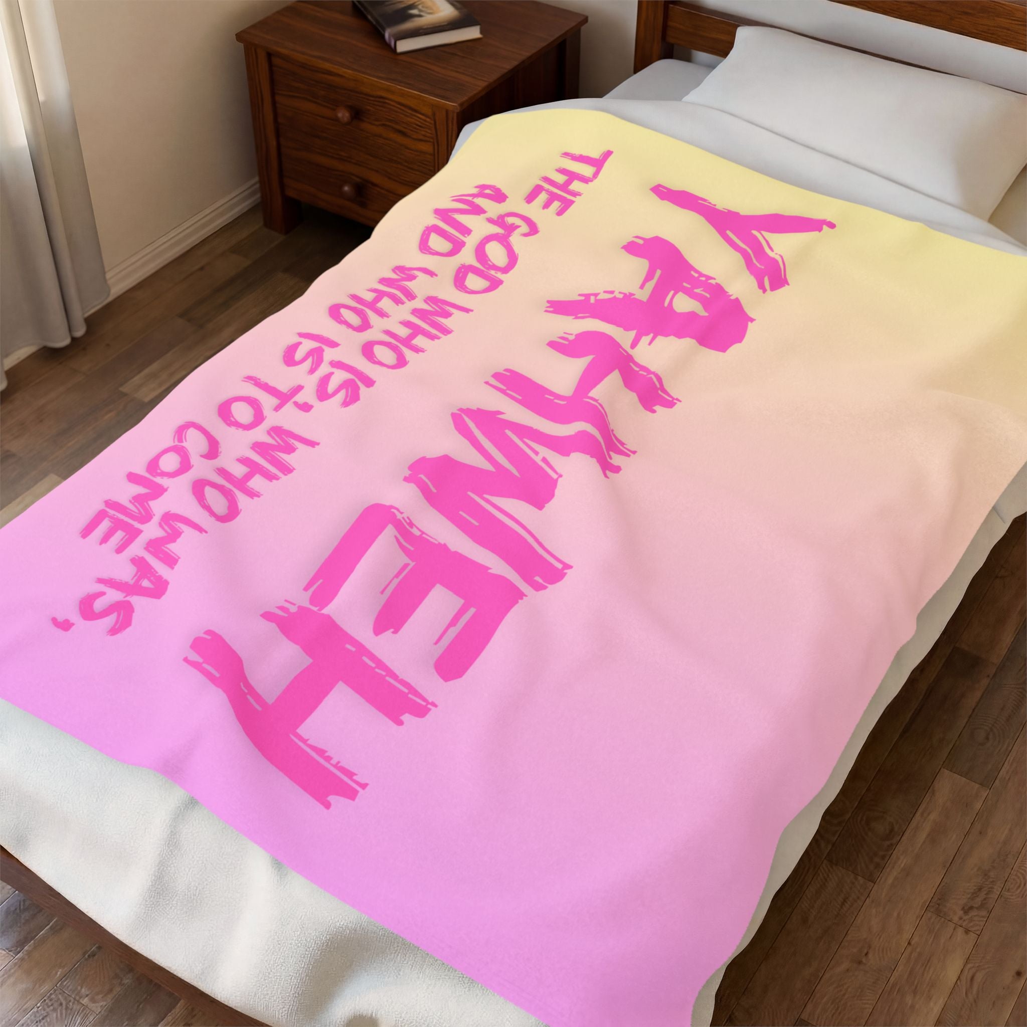 Yahweh Velveteen Plush Blanket – Pink Gradient Faith Throw with Scripture Text