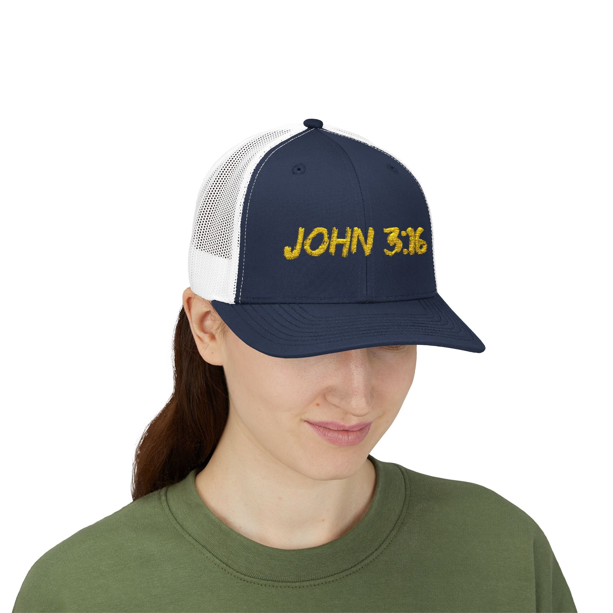 John 3:16 Trucker Cap — Embroidered Christian Snapback Mesh back Hat