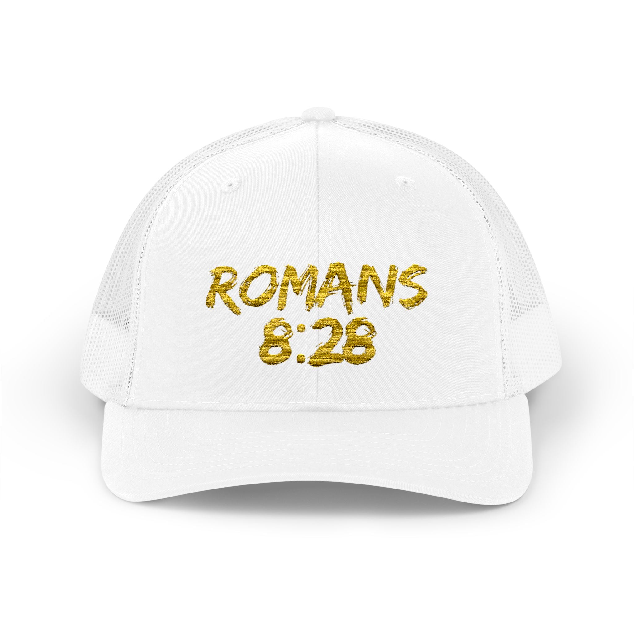Romans 8:28 Trucker Cap — Christian Faith Snapback Hat Mesh Back
