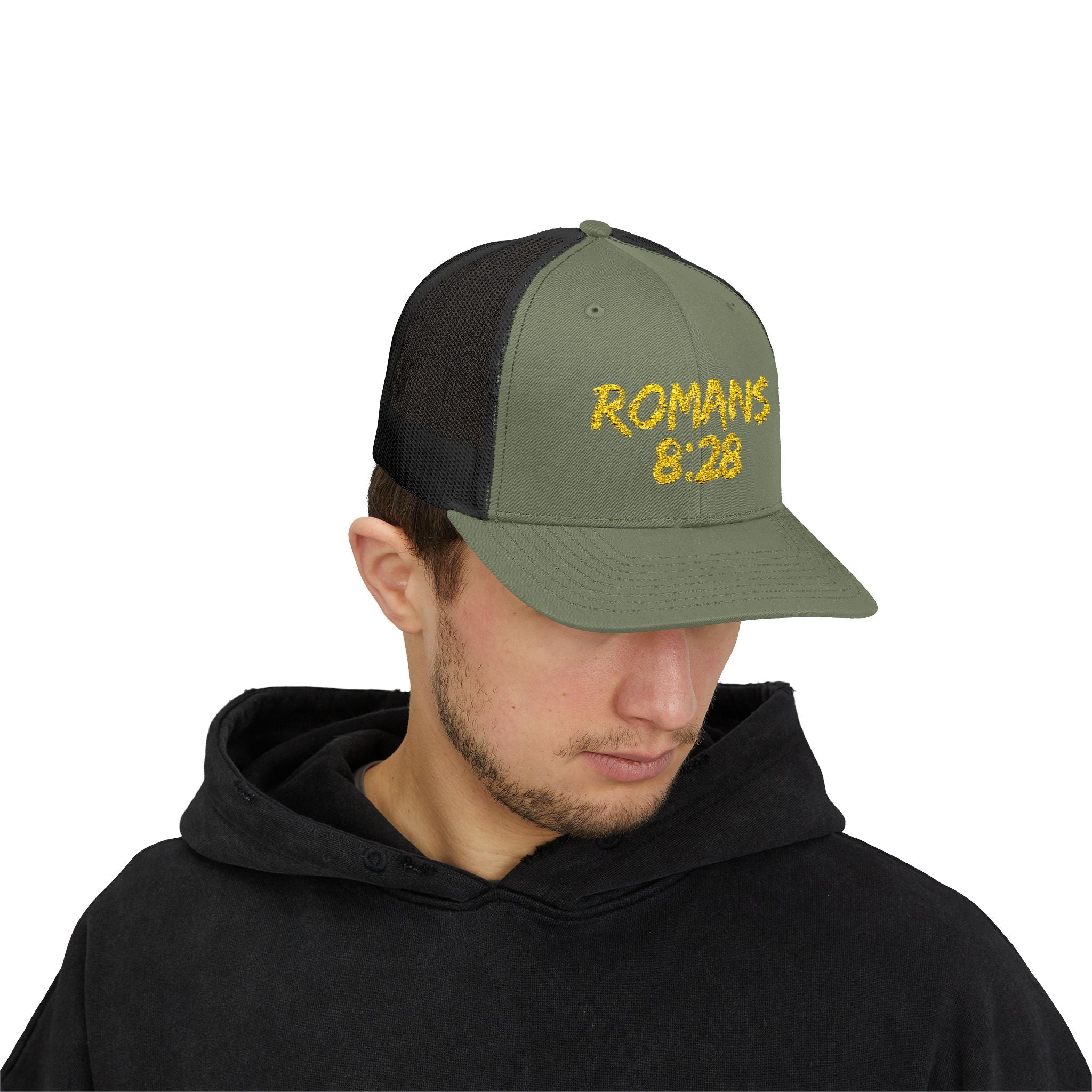 Romans 8:28 Trucker Cap — Christian Faith Snapback Hat Mesh Back