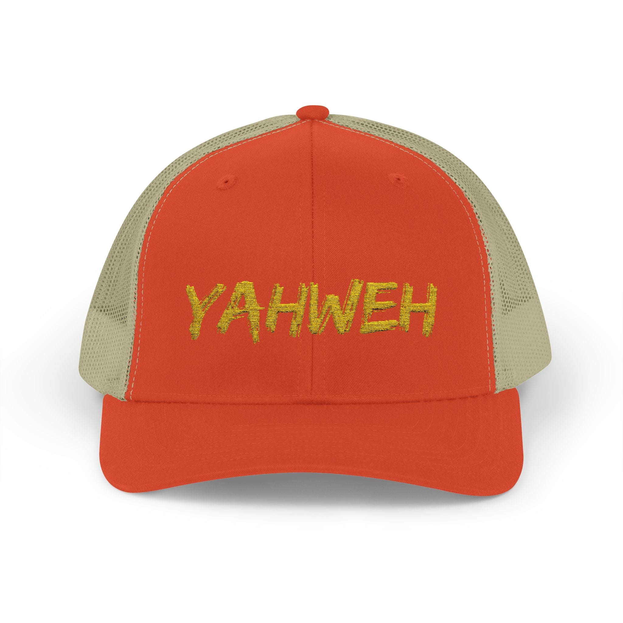 YAHWEH Gold Script Snapback Trucker Cap — Faith-Inspired Mesh Back Hat