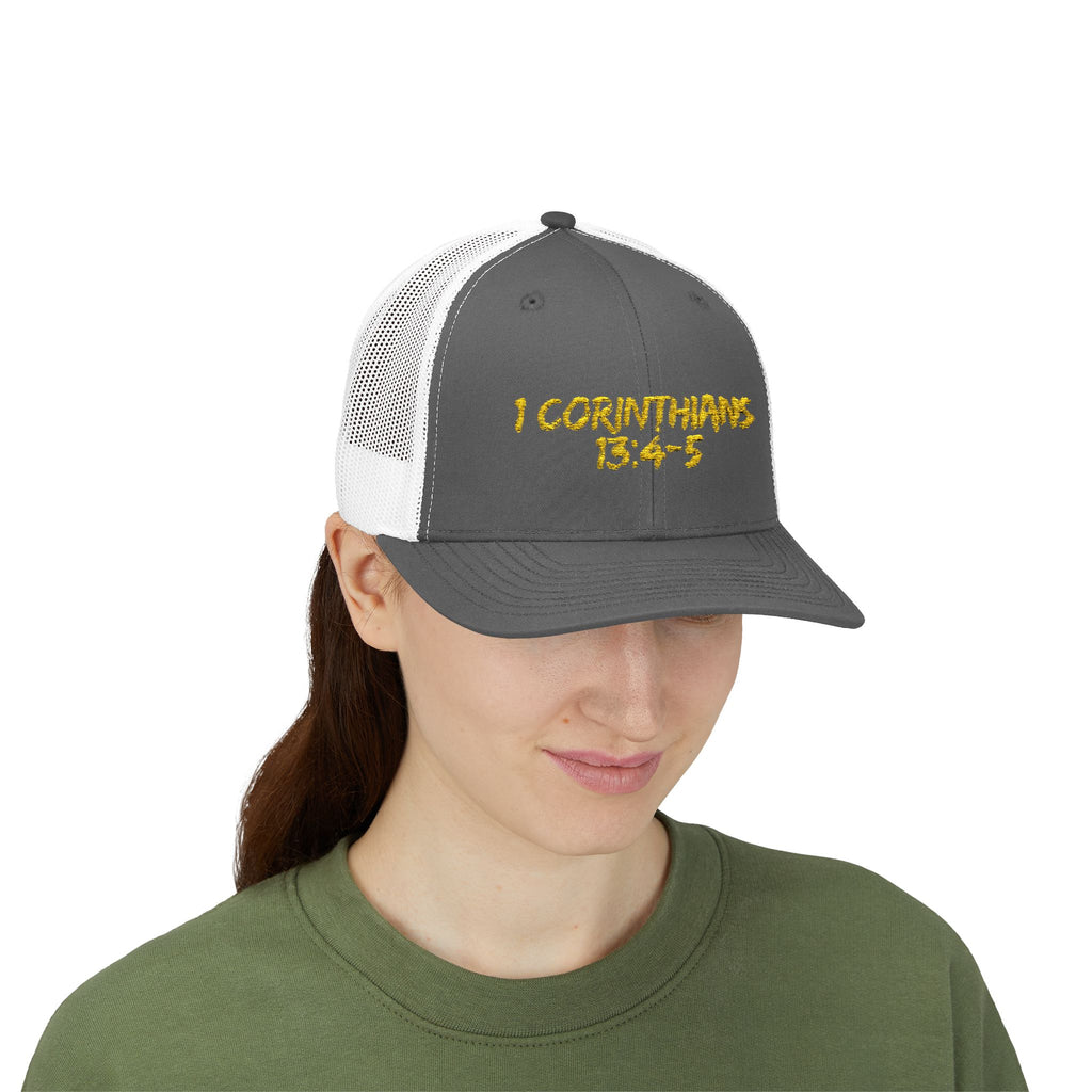1 Corinthians 13:4-5 Trucker Cap — Customizable Mesh Back Hat