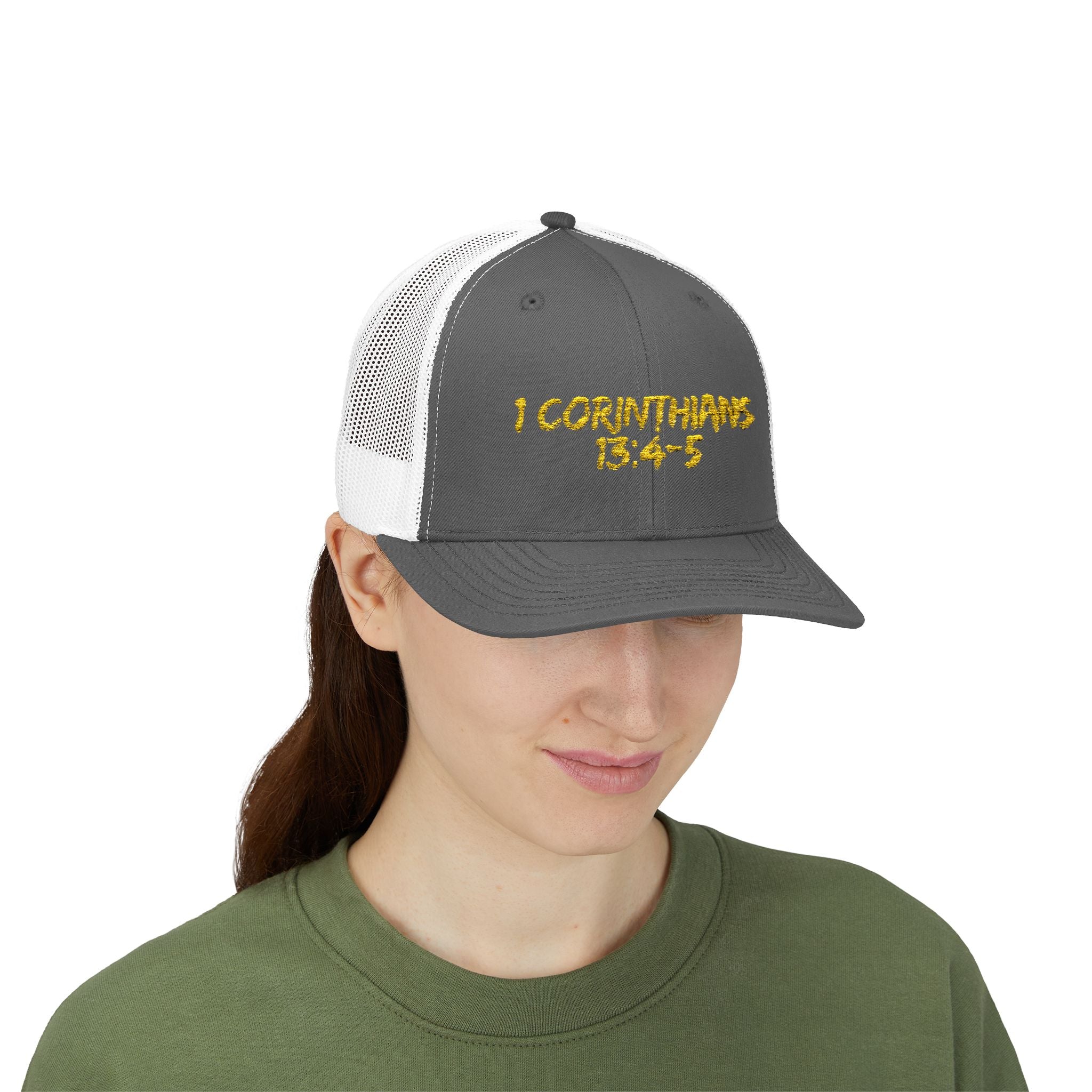 1 Corinthians 13:4-5 Trucker Cap — Customizable Mesh Back Hat