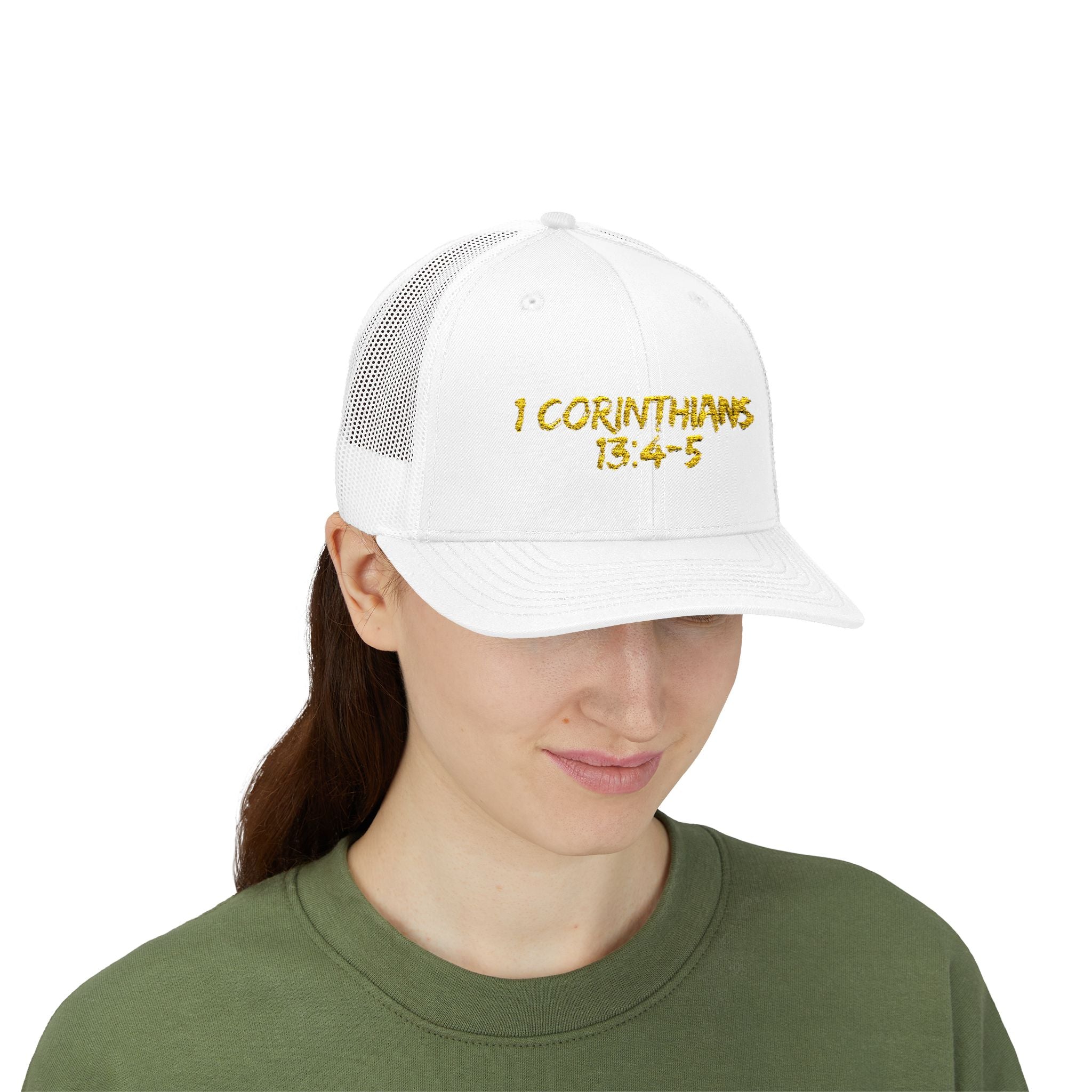 1 Corinthians 13:4-5 Trucker Cap — Customizable Mesh Back Hat