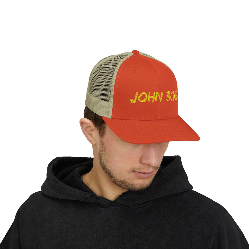 John 3:16 Trucker Cap — Embroidered Christian Snapback Mesh back Hat