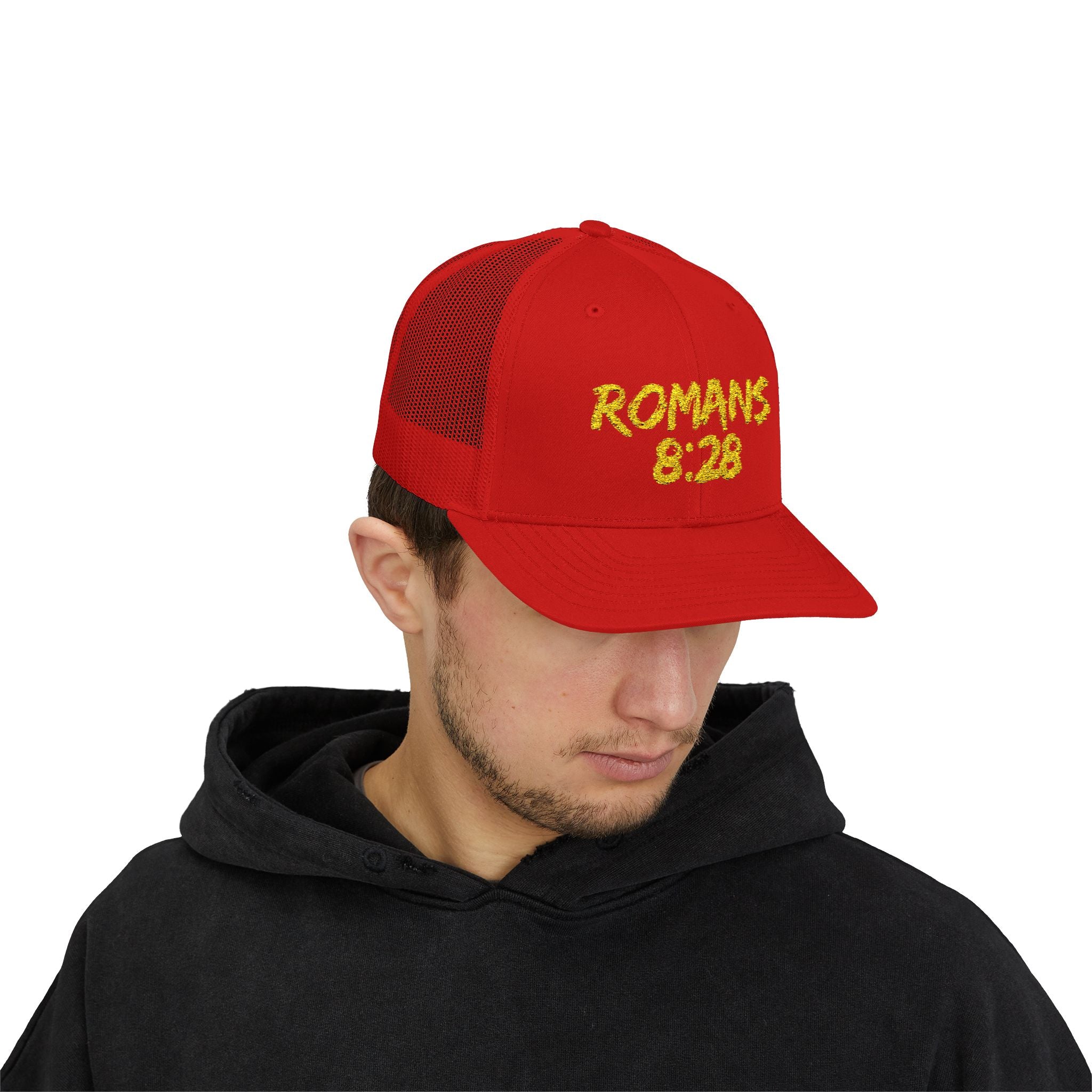 Romans 8:28 Trucker Cap — Christian Faith Snapback Hat Mesh Back