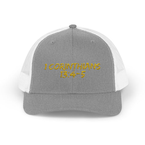 1 Corinthians 13:4-5 Trucker Cap — Customizable Mesh Back Hat