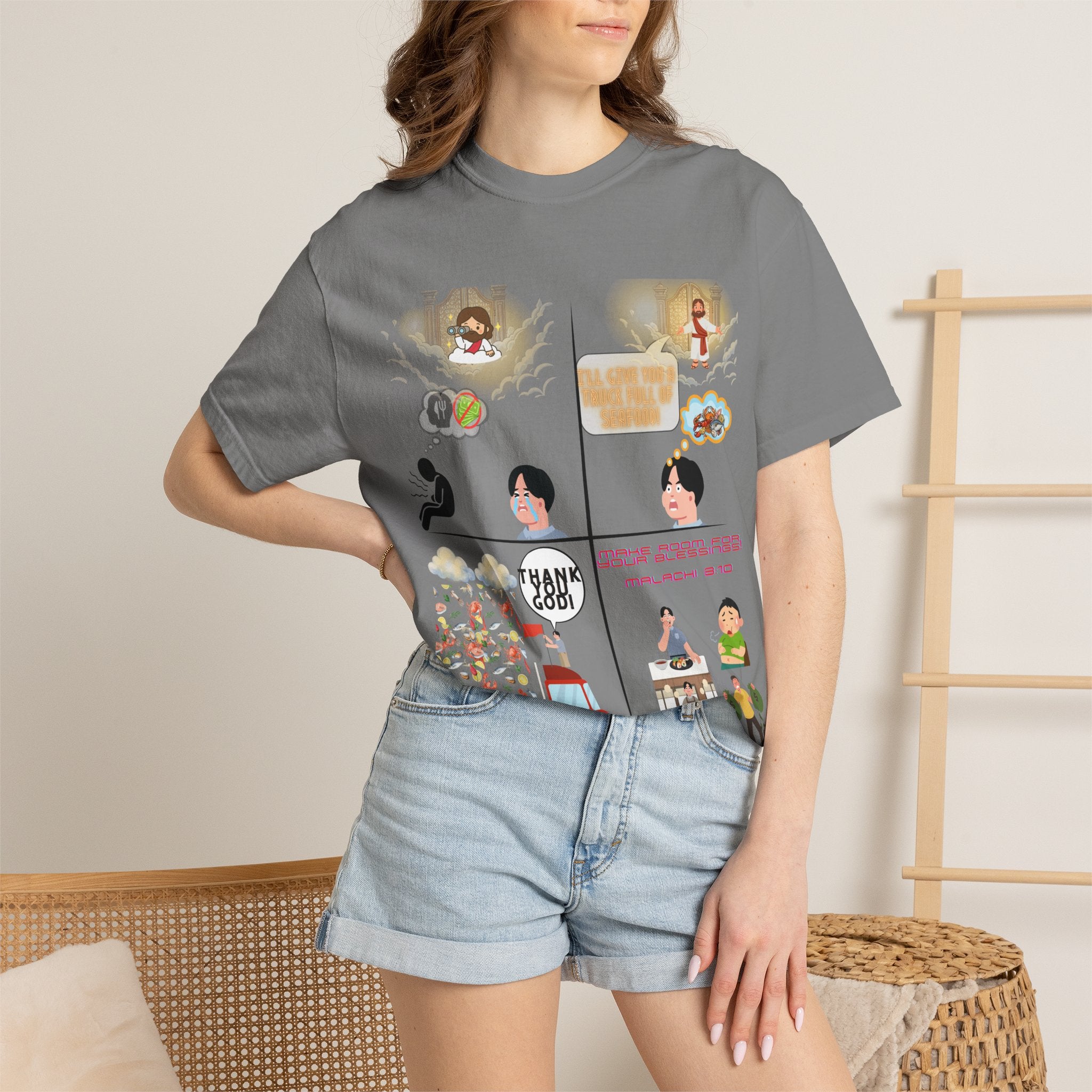 Graphic Panel T-Shirt — Cute Storyboard Illustrations "Make Room For Your Blessings"