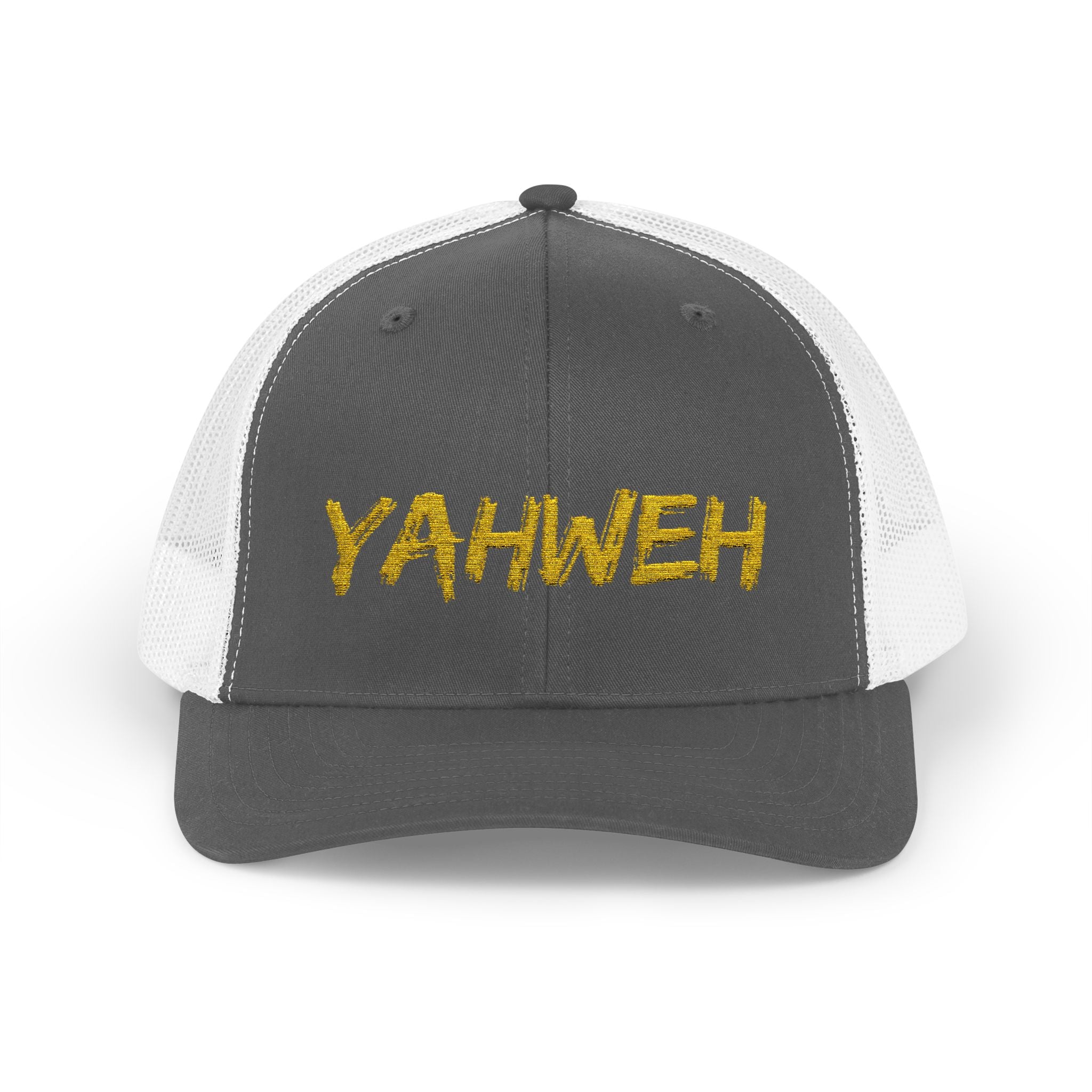 YAHWEH Gold Script Snapback Trucker Cap — Faith-Inspired Mesh Back Hat