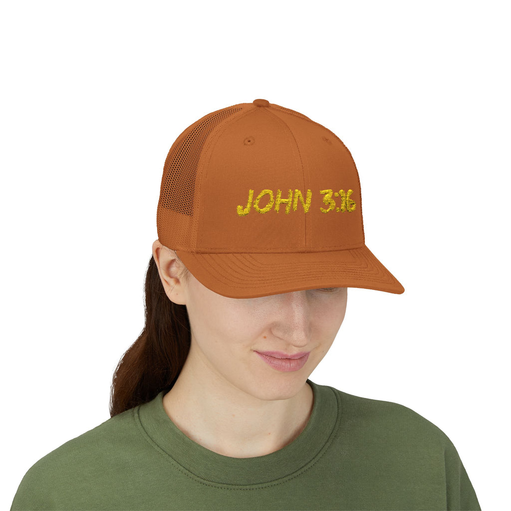 John 3:16 Trucker Cap — Embroidered Christian Snapback Mesh back Hat