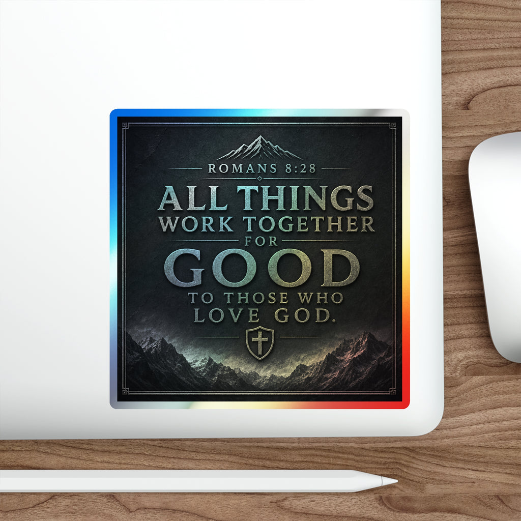 Holographic Faith Sticker — "All Things Work Together for Good" (Romans 8:28)