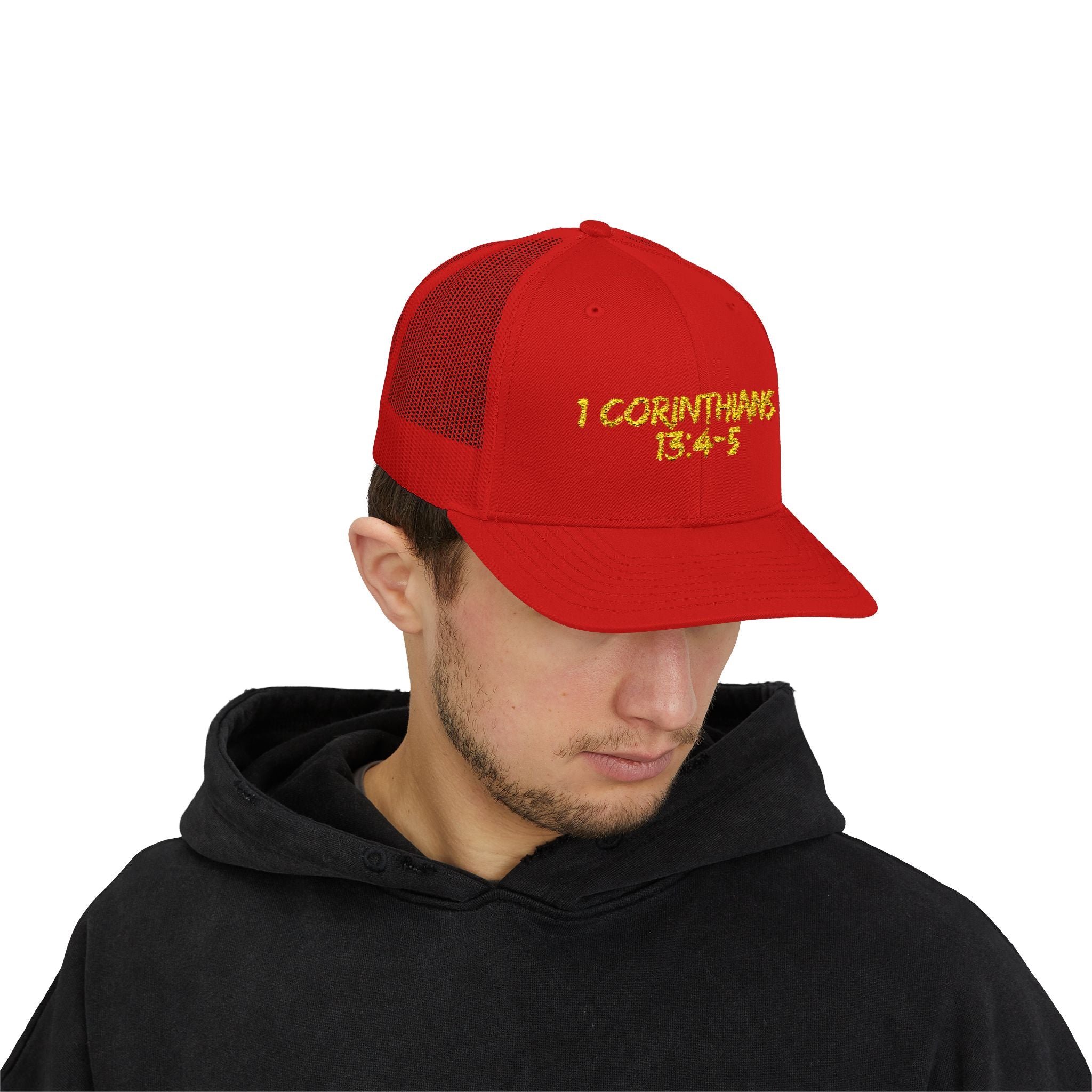 1 Corinthians 13:4-5 Trucker Cap — Customizable Mesh Back Hat
