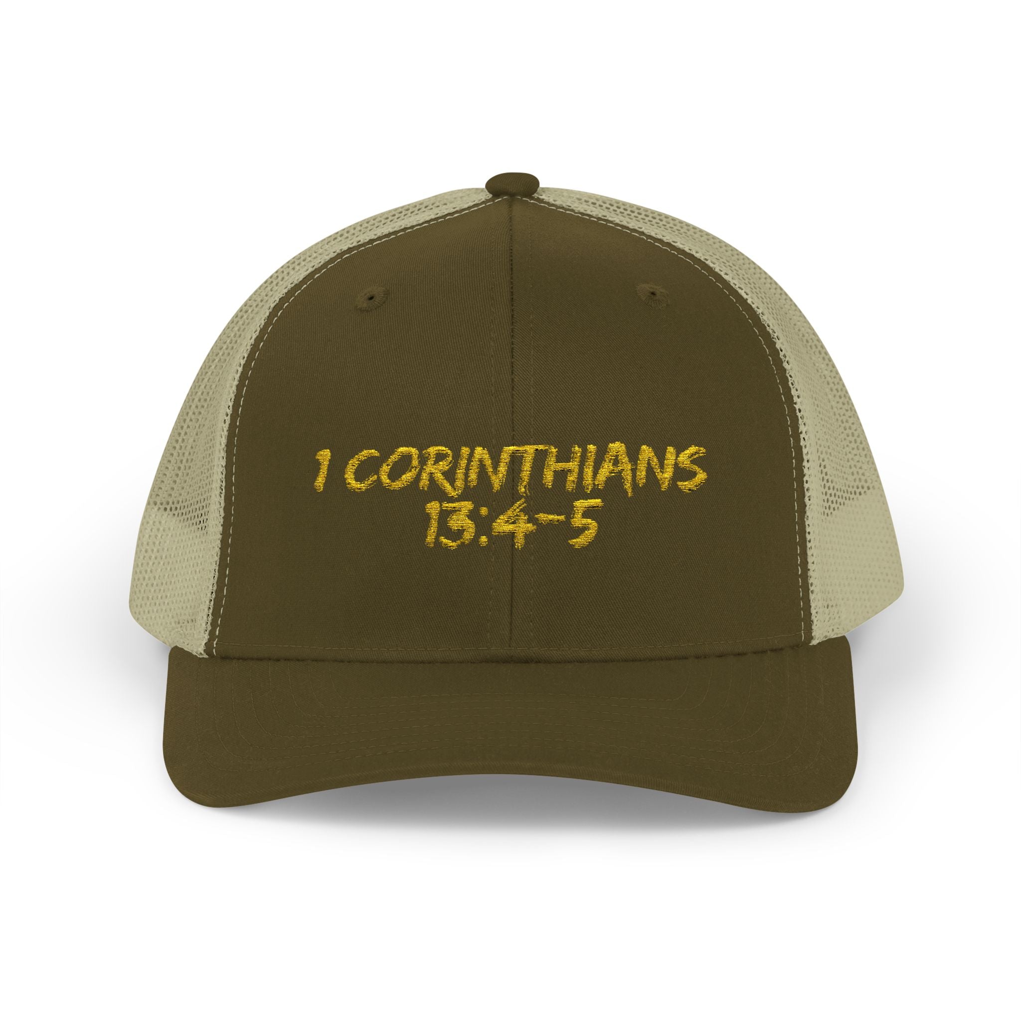 1 Corinthians 13:4-5 Trucker Cap — Customizable Mesh Back Hat