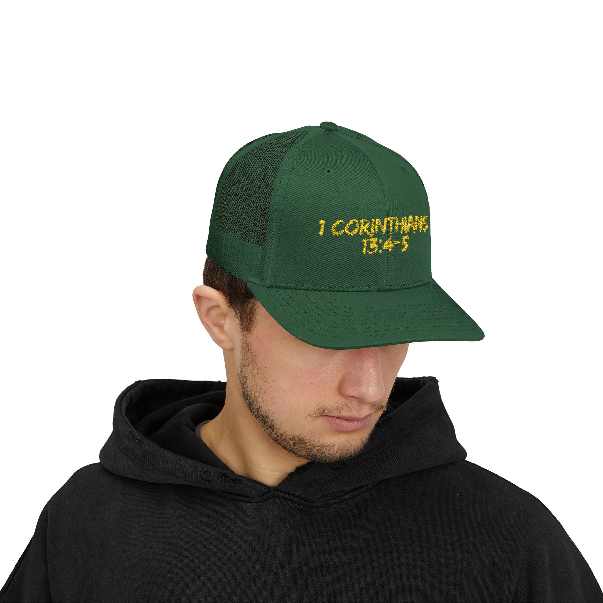 1 Corinthians 13:4-5 Trucker Cap — Customizable Mesh Back Hat