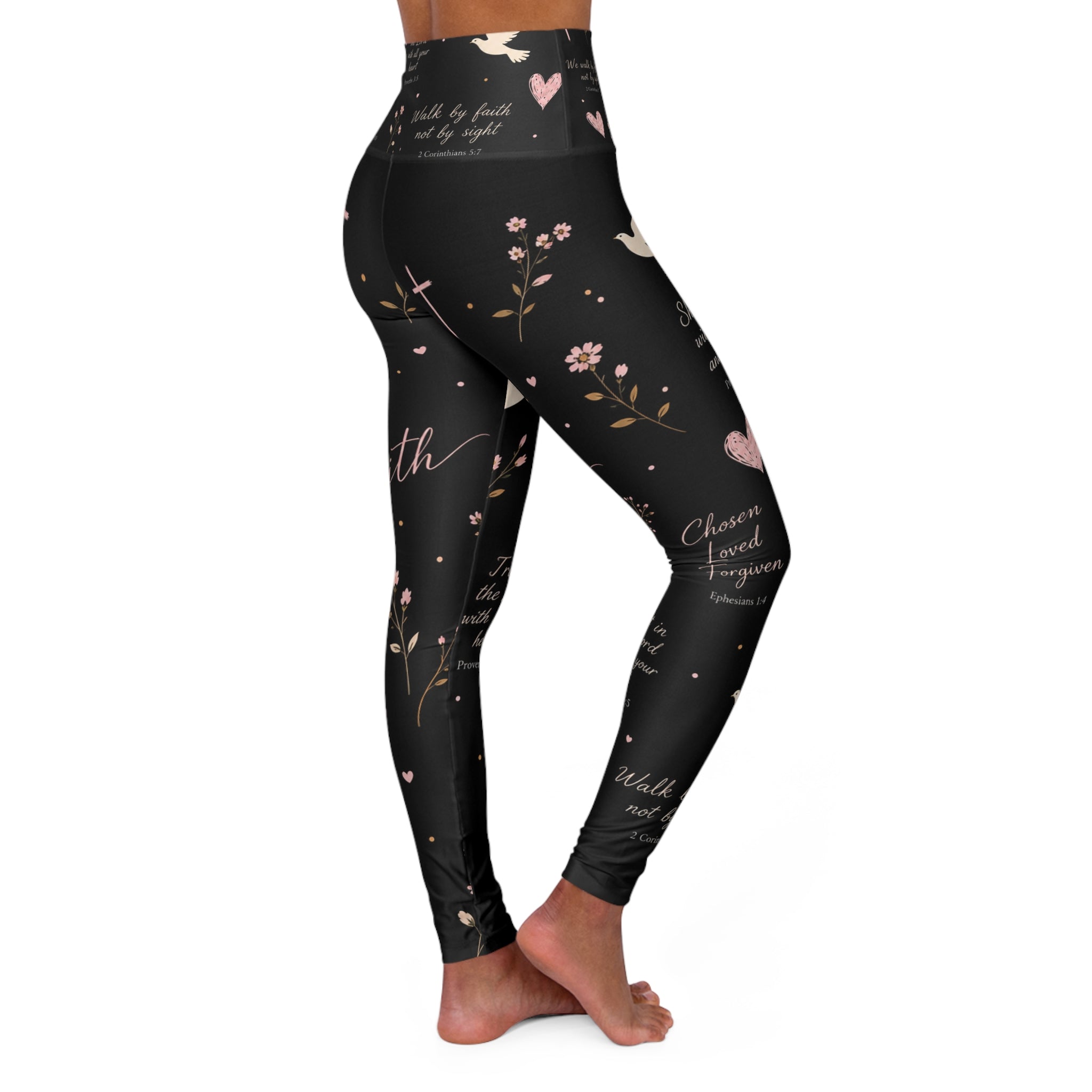 Faith-Inspired High Waisted Yoga Leggings — Dove, Cross & Scripture Print