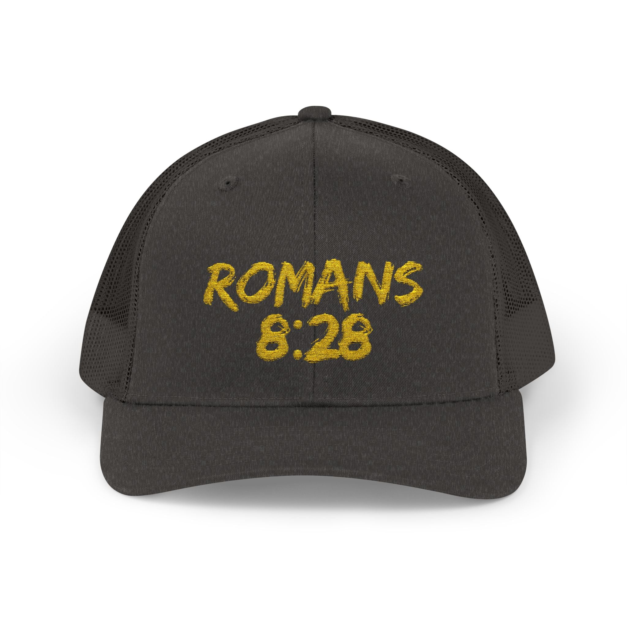 Romans 8:28 Trucker Cap — Christian Faith Snapback Hat Mesh Back