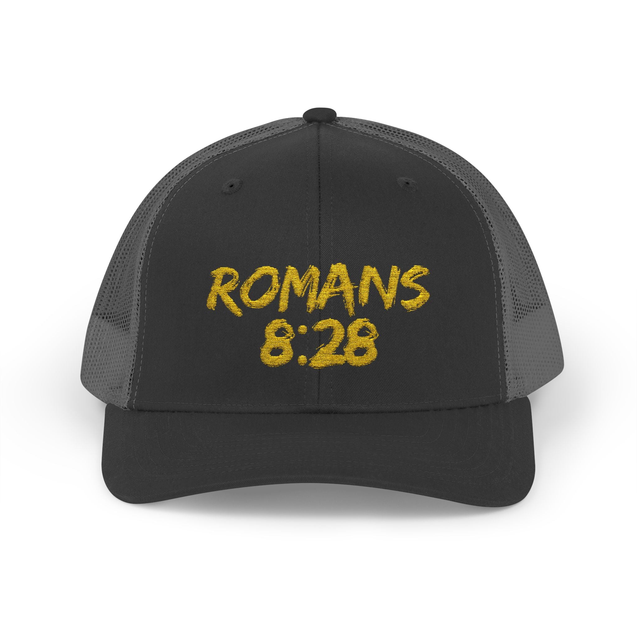 Romans 8:28 Trucker Cap — Christian Faith Snapback Hat Mesh Back