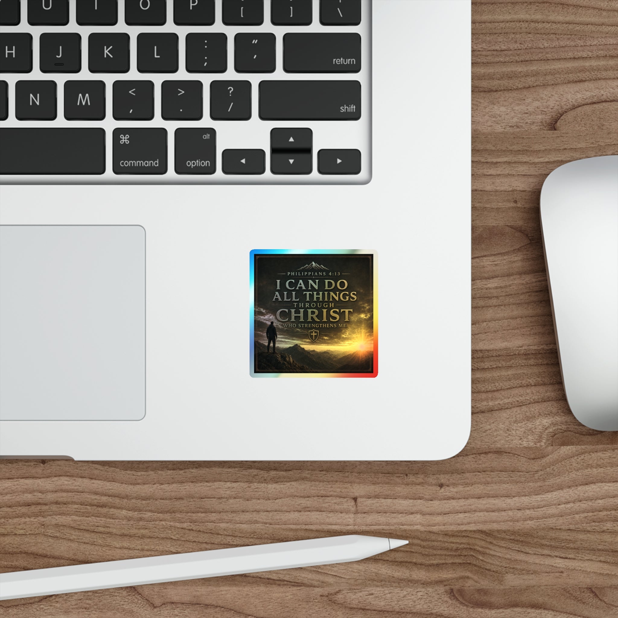 Holographic Die-Cut Sticker — "I Can Do All Things Through Christ" (Philippians 4:13)