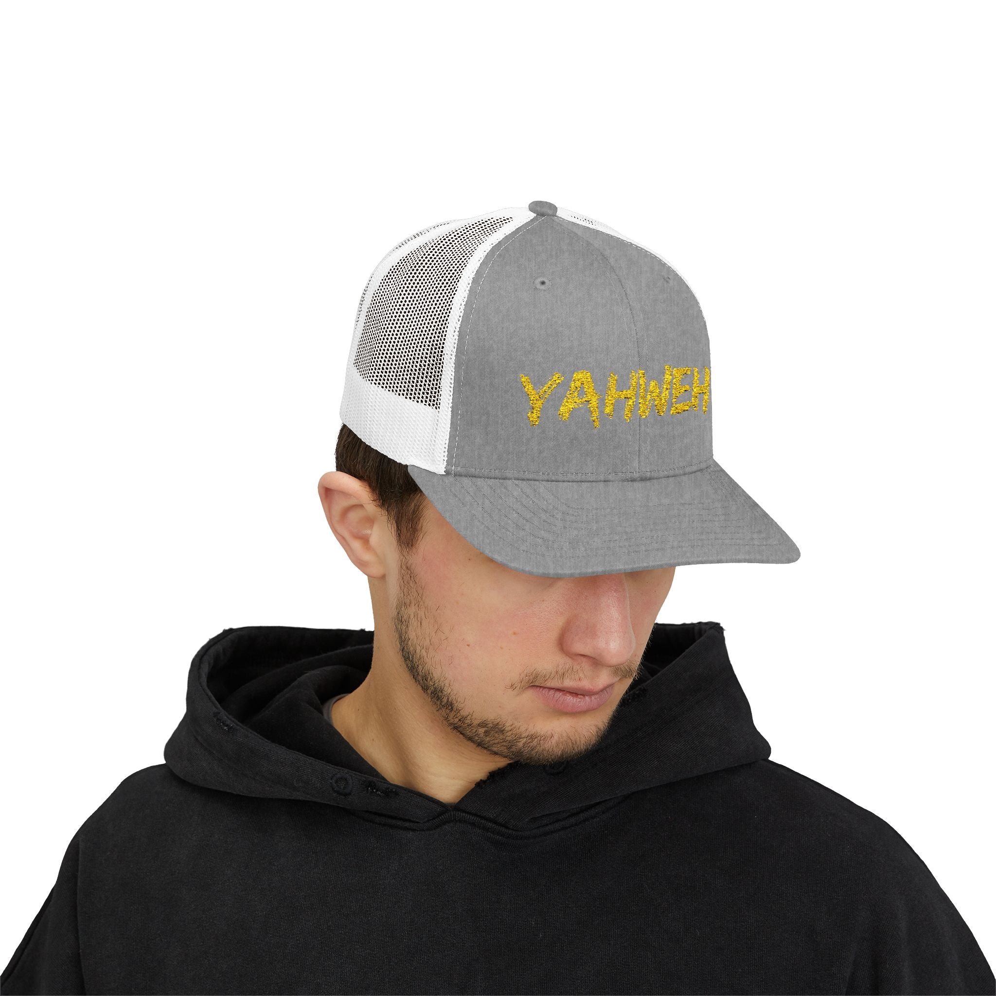 YAHWEH Gold Script Snapback Trucker Cap — Faith-Inspired Mesh Back Hat