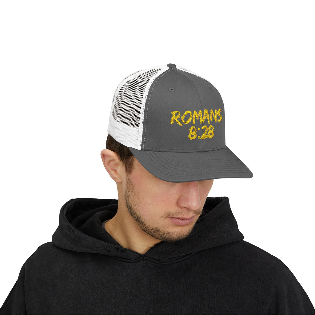 Romans 8:28 Trucker Cap — Christian Faith Snapback Hat Mesh Back
