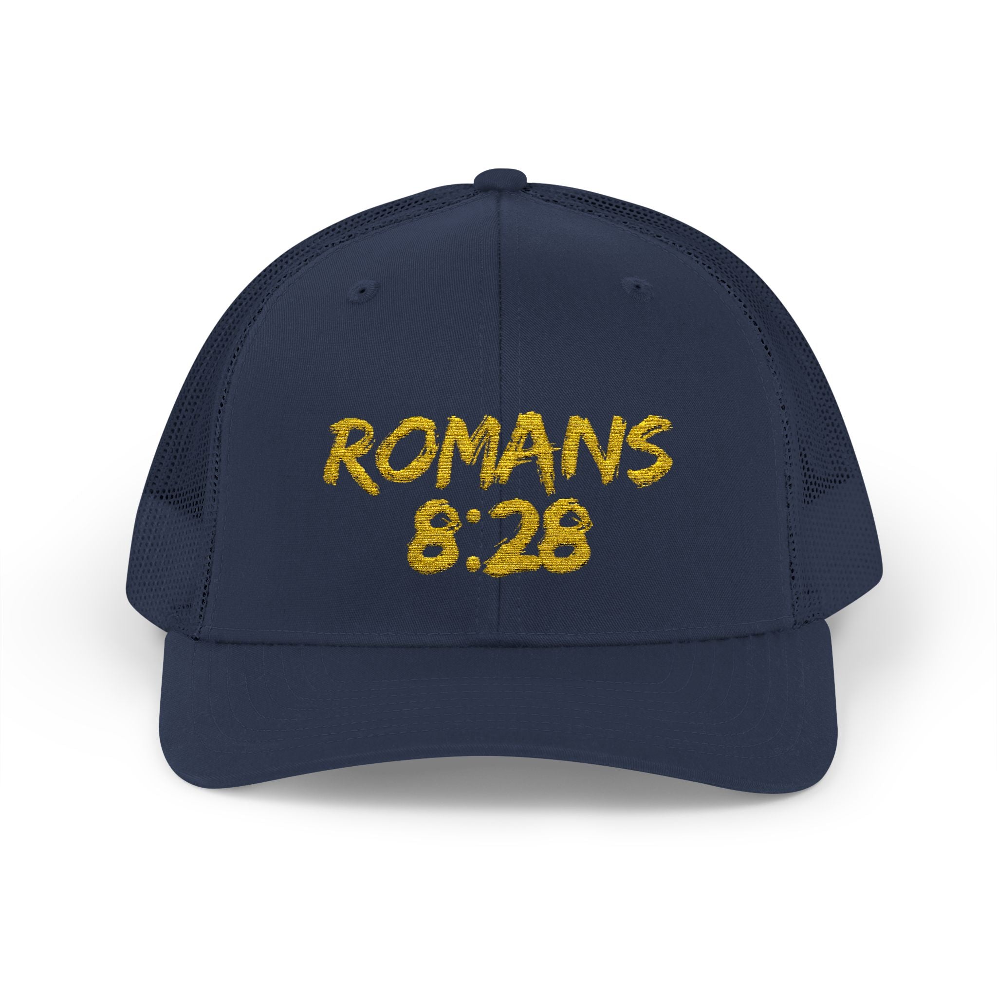 Romans 8:28 Trucker Cap — Christian Faith Snapback Hat Mesh Back