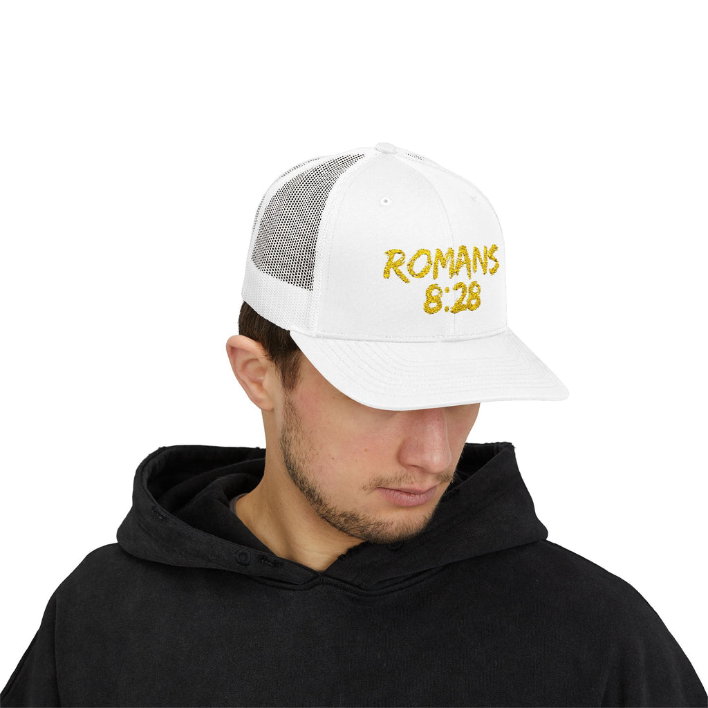Romans 8:28 Trucker Cap — Christian Faith Snapback Hat Mesh Back