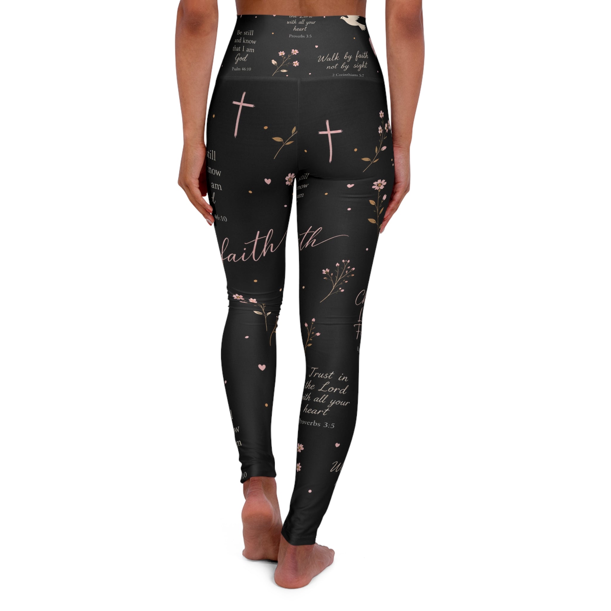 Faith-Inspired High Waisted Yoga Leggings — Dove, Cross & Scripture Print