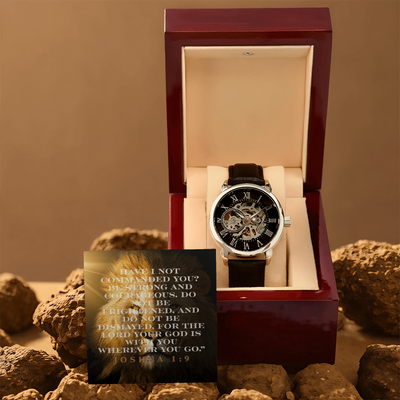 Christian Lion Watch Gift for Men – Joshua 1:9 Scripture Card | Luxury LED Wood Box