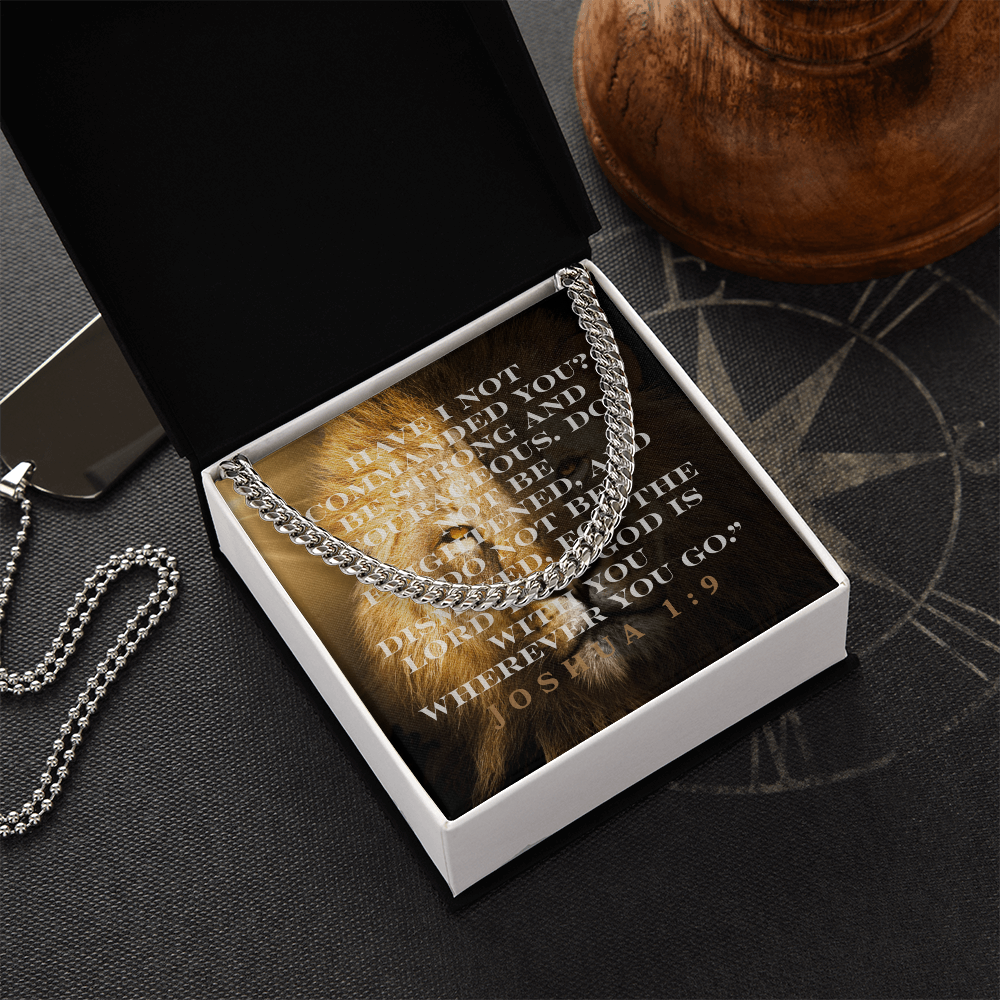 “Strong & Courageous” Cuban Link Chain | Joshua 1:9 Christian Necklace for Men